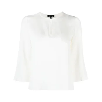 2023 Однотонная бяла риза с Елегантна риза с кръгло деколте и изгорени ръкави OL 23372