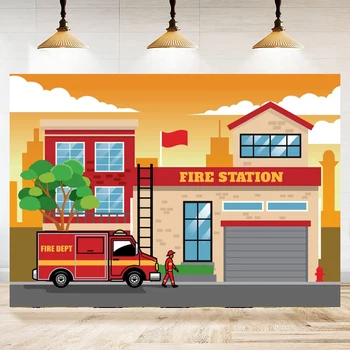 Cartoony фон за снимки на пожарната станция за пожарна машина, интериорът на купоните за момчета, детска пожарна кола, на фона на рожден Ден, плакат