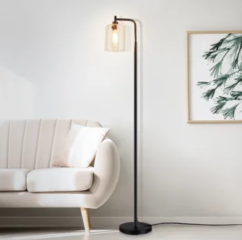 Depuley Nordic Вертикален метален led под лампа със стъклен абажуром и месинг дъга на един стълб, Високо осветление за хол, спалня, офис E26 Gold/black