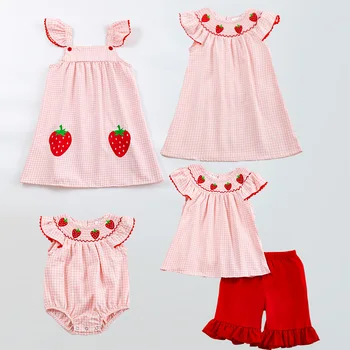 Girlymax Sibling/Лятна Рокля в клетката с ягоди за Малки Момичета, розова рокля в клетката, Детски Гащеризон