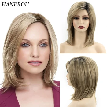 HANEROU Кратък светло-кафяв и смесен синтетични перука, Женски перука от естествена пряка топлоустойчива коса за ежедневна cosplay