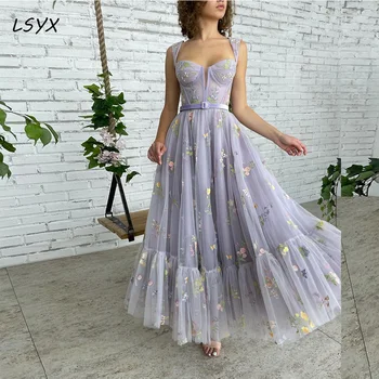 LSYX Тънки бретельки, Рюши, Гънки, тюлевое рокля за сватбени партита, 2023, вечерна рокля за абитуриентски бал, трапецовидна форма, без ръкави, с дължина до щиколоток