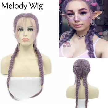 Melody Синтетични дантела отпред, 2x обрат-пигтейли, перуки, топлоустойчиви, лавандово-лилави, с двойна оплеткой от детски коса, за жени, натурални