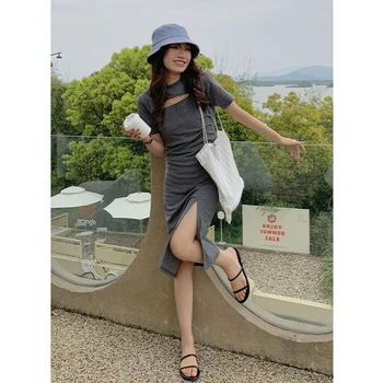 N Yangyang & Summer Fashion -Нова корейска версия на Лятото 2023, Малко отворено кръгло рокля с цепка, Однотонное, с прерязано