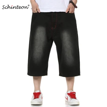 Schinteon Летни мъжки къси панталони с дължина до коляното, Души, широки панталони със средна дължина, мешковатая свободна градинска облекло в стил хип-хоп, черен, голям размер на 46 48