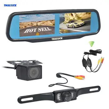 SMALUCK Безжичен Двойна Авто Огледален Монитор за Обратно виждане с Диагонал от 4.3 Инча + Водоустойчив Автомобилна Камера за Обратно виждане