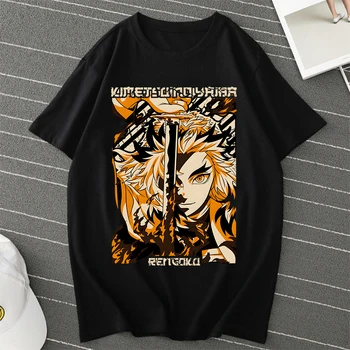 Аниме Demon Slayer Rengoku Kyoujurou Тениска Harajuku Модни Тениски С Принтом За Мъже И Жени, Висококачествени Ежедневни Тениски от 100% Памук