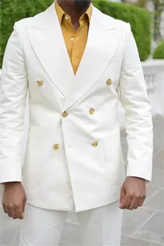 Бели мъжки костюми, блейзър, облекло на булката за сватбата смокингов, приталенные двубортные най-добрите мъжки костюми за бала (яке + панталон Направен по поръчка