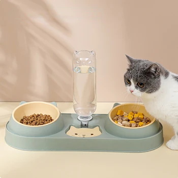 Двойна купа за котки и кучета с дозатор на вода Наклонени купички за котешки храни за домашни любимци е Лесно отсоединяемые купички за влажна и суха храна