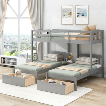 Двойно Паралелна двуетажно легло със Средна стълбите за съхранение на вещи и парапет по цялата дължина, Сиво 173,2 
