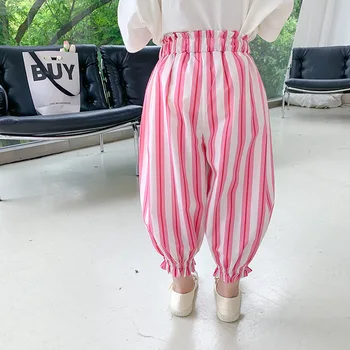 Детски панталони Летни нови модни детски тънки дишащи свободни панталони в корейски стил със защита от комари, ежедневни панталони на райе за момичета