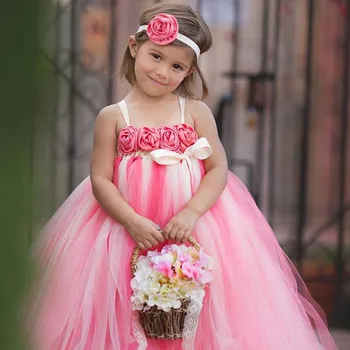 Детски Рокли-поличка с цветя модел за момичета и превръзка на главата, Мило Бална Рокля с Дължина до пода Рокля на Принцеса за Момиченца на Сватба/рожден Ден TS076