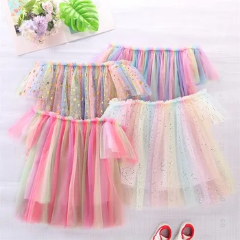 Дъга бална рокля за момичета, летни детски рокли принцеса с открити рамене, цветна премяна-пакет за деца