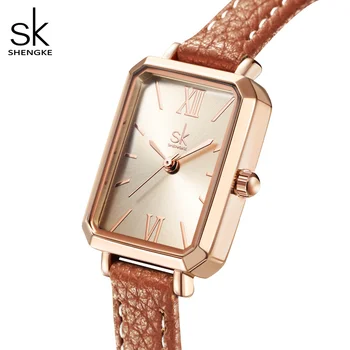 Квадратни Дамски часовници на марката Shengke, моден дамски кварцов часовник, гривна, сив Циферблат, проста мрежа от розово Злато, Луксозни дамски часовник