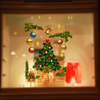 Коледни топки, етикети върху стъклени стени, фестивални етикети, фрески на Дядо Коледа, на нова година коледна украса за домашен интериор, Етикети