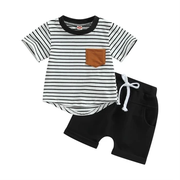 Комплекти летни дрехи за най-малките момчета от 0 до 3 години, върховете в ивица с къс ръкав и кръгло деколте + черни шорти с завязками
