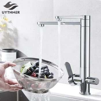 Кранове с воден филтър Uythner, смесители за кухня, смесител с двойна дръжка, монтирана на бортике, въртящи се на 360 градуса, функцията за пречистване на вода, кранче