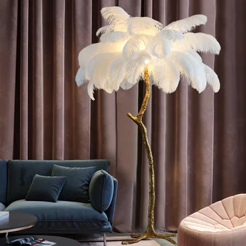 Лампиона от страусиных пера в скандинавски стил, златен, Сребърен, етаж лампа от смола, модерен тела за спалнята, хола, аксесоари за дома, осветителни тела