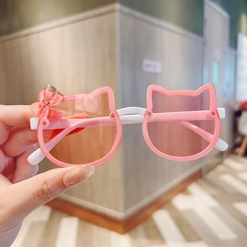 Летни детски слънчеви очила с сладък котка, акрилни лък, Защита от сенки на открито, слънчеви очила за малки момичета, класически детски очила с UV400