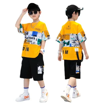 Летни дрехи за момичета с къс ръкав, нова детска облекло на средни и големи размери в чужд стил за момчета 4-12 години
