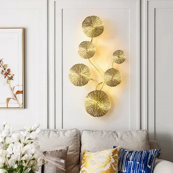 Луксозен стенен лампа със златни листа на лотос, вътрешни стенни лампи, лампа за спални, фоайе, ТЕЛЕВИЗИОНЕН фон, малка странична декорация за дома в коридора, боядисани стени у дома