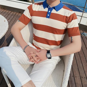Луксозна мъжка риза ПОЛО в контрастен цвят на райета с къси ръкави в корейски стил, дебнещ ежедневни ризи ПОЛО копчета за мъже, градинска облекло