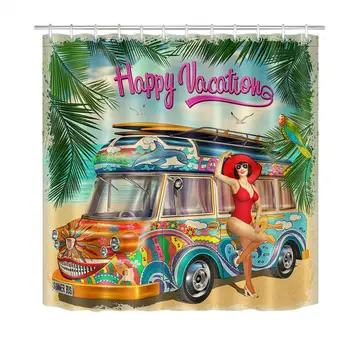 Лятна ваканция, ретро Автобус и момиче в стил Пин-ъп, водоустойчив тъканно завеса за душ