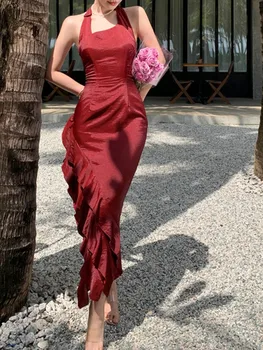 Лятното ново винтажное вино-червена Рокля без ръкави, секси разрез на спагети презрамки с отворен гръб, женски празнично плажна рокля, вечерна рокля с волани, Vestidos