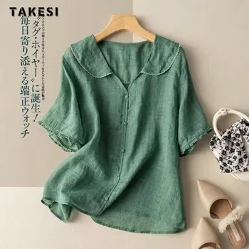 Лято 2023, Япония, реколта обикновена тениска с V-образно деколте и къс ръкав, дамски елегантен класически офис дамски тениски свободно, намаляване, върхове