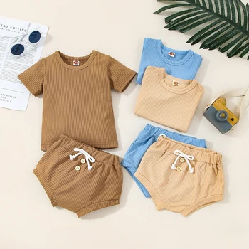 Модерен комплект дрехи за новородени момчета и Момичета 2022, спортен костюм, летни потници в рубчик с къс ръкав + Шорти на съвсем малък, 2 бр., дрехи за деца