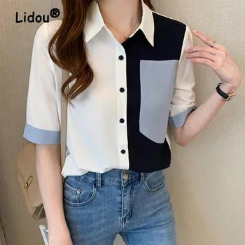 Модни однобортная блуза в стил мозайка с цветен блок, дамски класическа риза поло с къс ръкав и яка, офис годишната свободна шифоновая риза