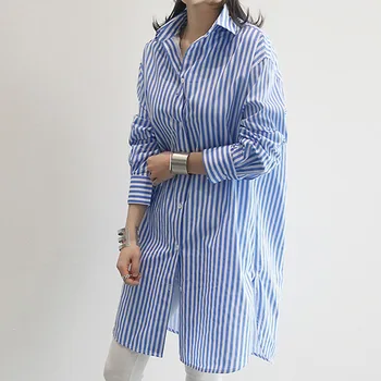 Новост, блуза Оверсайз, дамски лятна мода 2023, свободна дълга риза с принтом на вертикални райета, Блузи, дамски стилна градинска облекло