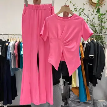 Однотонная ежедневни лятна нова корейска секси тениска с отрязани с неправилна форма с къс ръкав + Широки панталони с висока талия, Спортно облекло, дамски комплект от две части