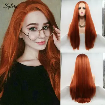 Перука Силвия 360 # Yaki, медно-червени синтетични перуки на дантели за жени, топлоустойчива влакна, естествени космати коса
