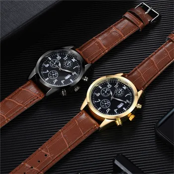 Популярните мъжки кожени часовник с функция календар и функция подчертаване, двойка за изящни механични часовници Relogios Mascul