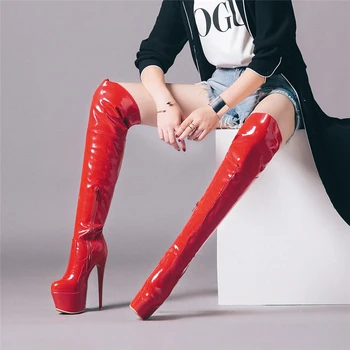 Секси ботуши до бедрото, за жени, фетиш-обувките на платформа, дамски ботуши над коляното на високи токчета, червени, бели кожени дълги зимни ботуши