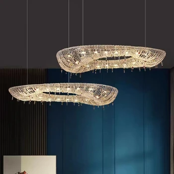 Скандинавска модерна Луксозна кръгла, овална кристален полилей, дизайнерски лампа за дневна, трапезария, led висящи осветителни тела, на две нива лампа за вила