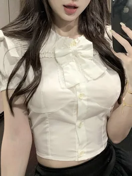 Сладък потник с лък Kawaii, дамски дизайнерски секси тънки ризи в корейски стил, женски къс ръкав Y2k, шик ежедневни блузи 2023, Новост