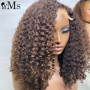Страничната част от Дързък Меки бразилски къдрава перуки, изработени от човешка коса за черни жени YMS шоколадово-кафяв цвят с дълбоко завитком 13x4, дантела пред перука