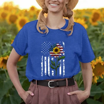 Тениска с къси ръкави и принтом семки в чест на Деня на независимостта на САЩ, дамски блузи с кръгло деколте, дамски ежедневни облекла