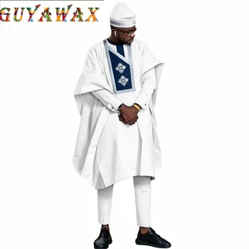 Традиционната африканска облекло за мъже, халати за баня Агбада с бродерия, ризи, панталони и шапка, комплект от 4 теми, дашики за сватбен pm