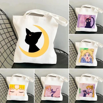 Эстетичная котка, Розово Момиче, моряк, карикатура, Луната, аниме, Сладък Kawai, дамски холщовая чанта през рамо, Еко-купувач, памучен чанта за пазаруване