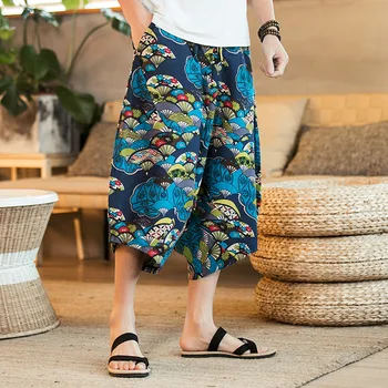 Японски памучни ленени зреещи, мъжки и дълги панталони в стил хип-хоп с принтом тотема летни плажни ежедневни реколта широки панталони големи размери