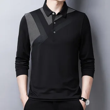 2022, пролетно-есенна мъжка риза поло с дълъг ръкав, модерен пуловер памук с геометричен принтом, бизнес и ежедневни мъжки блузи, мъжки дрехи