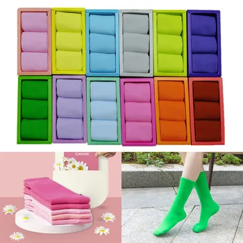 3 Двойки Кутия за Опаковане на Цветни Дамски чорапи Подарък кутия Всекидневни Висококачествени памучни чорапи пролетния цвят карамел Дълги меки дишащи дамски