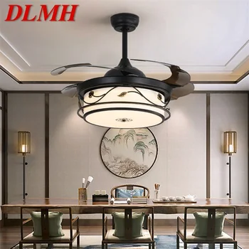 DLMH Модерен led вентилатор на тавана с черен цвят с дистанционно управление, 3 Цвята led за домашна трапезария, спалня, ресторанта