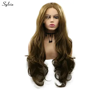 Дамски златисто-кафяви перуки Силвия тъмно кафяв цвят в стила на насипни вълна 22-26 инча, синтетични перука на дантели отпред, средна част