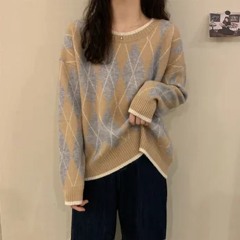 Дамски пуловери в японския класически ретро лениво стил, с кръгло деколте Ins Свободни ромбовидные женски корейски пуловери Harajuku