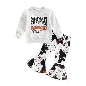 Детска Пролет-есен дрехи за Малките момичета, комплект от 2 теми, пуловер с дълъг ръкав и кръгло деколте и писмото принтом + разкроена Панталони с принтом крава от 18 М до 6 години