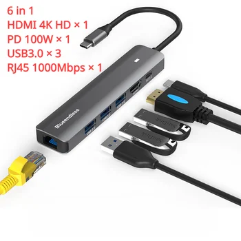 Докинг станция Type-C HDMI 4K HD 1000 Mbps 6-в-1 USB хъб 3.0 в Газа Mac с док-станция За Xiaomi Huawei Lenovo Google HP